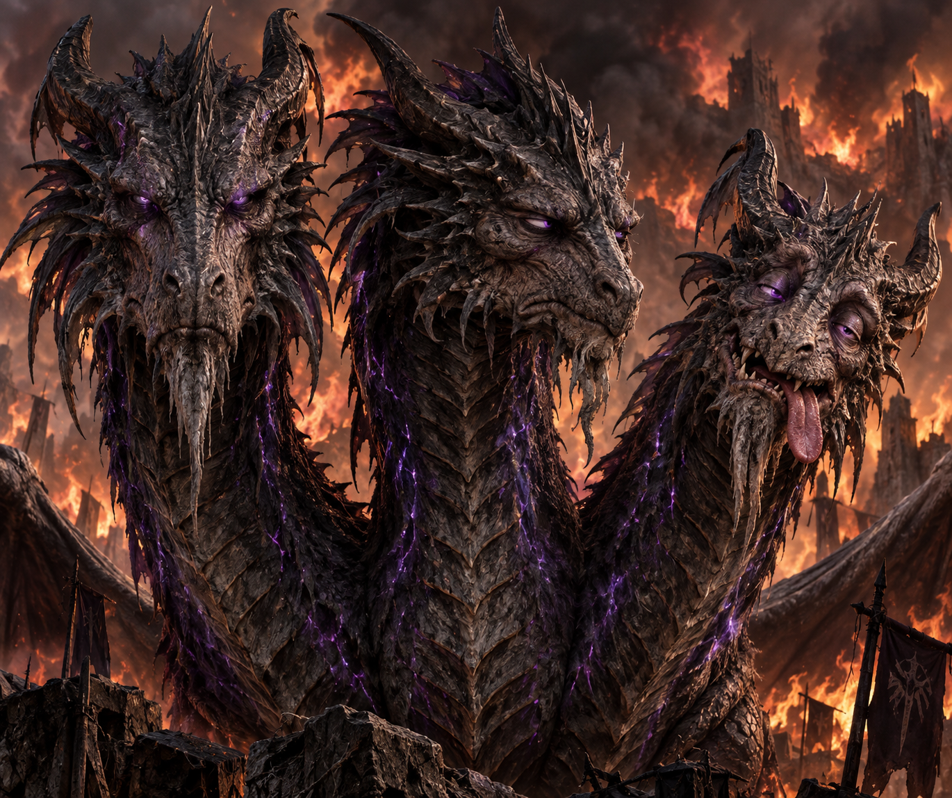 Three weathered dragons with glowing purple eyes: one stern, one grumpy, and one sticking its tongue out.